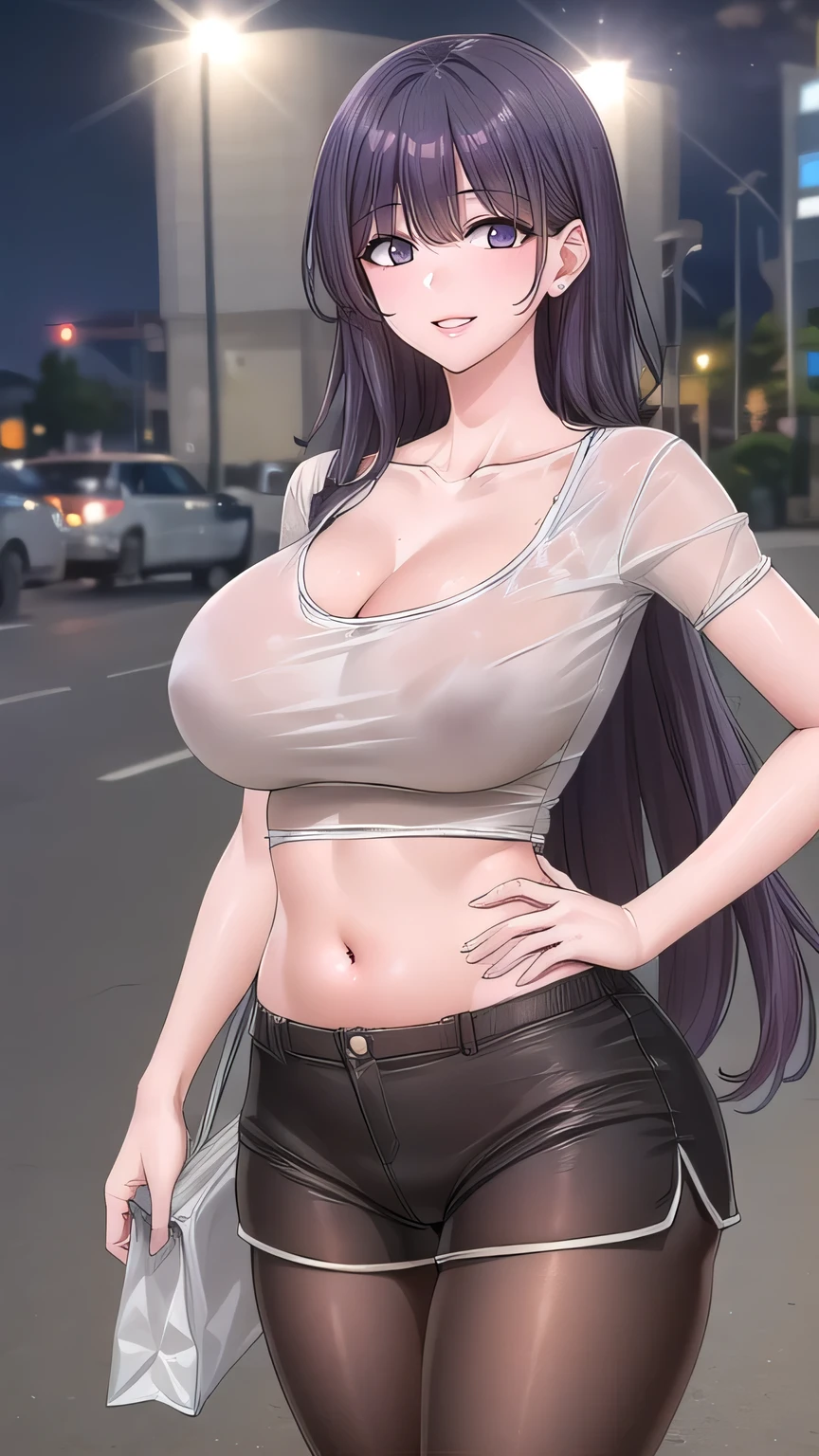 (front view detailed body, long belly , Slender body, tight body , thicc, large breast, breast, long thighs, masterpiece, long hair, very long hair, fwbak, mature female, hairclip,hair_between_eyes, very_long_hair, cowboy shot, front shot, looking at viewer, Shirt, white shirt, crop shirt, navel, dolphin shorts short, pantyhose, black pantyhose, standing, bag, holding, collarbone, city, night, outdoors, Beautiful Finger,Beautiful long legs,Beautiful body,Beautiful Nose,Beautiful character design, perfect eyes, perfect face,expressive eyes, looking at viewer,(Full_body),(Focus on her face), official art,extremely detailed CG unity 8k wallpaper, perfect lighting,Colorful, Bright_Front_face_Lighting,shiny skin, (masterpiece:1.0),(best_quality:1.0), ultra high res,4K,ultra-detailed, photography, 8K, HDR, highres, absurdres:1.2, Kodak portra 400, film grain, blurry background, bokeh:1.2, lens flare, (vibrant_color:1.2) (Beautiful,large_Breasts:1.4), (beautiful_face:1.5),(narrow_waist), facing the viewer