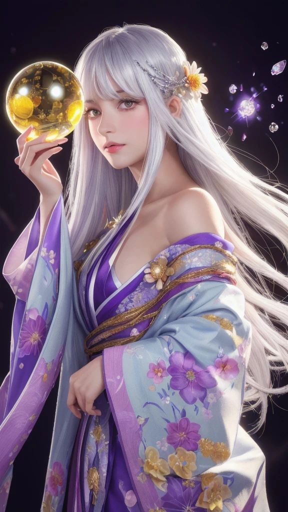 (masterpiece:1.3), (8k, photorealistic, raw photo, highest quality:1.4), (one girl), beautiful face, (realistic face), (long hair), (silver hair, near white hair, shiny hair, beautiful straight hair), (even bangs), (sharp bangs), straight hairstyle, realistic eyes, beautiful detailed eyes (purple eyes), (sharp eyes), (realistic skin), beautiful skin, (kimono), (magician's kimono), (flower hair ornament), attractive, ultra high resolution, ultra realistic, highly detailed, golden ratio, colorful background, (flowers blooming), (energy dancing background), magician, facing forward, facing from shoulders, looking straight ahead, both shoulders facing towards you, holding crystal ball, (heart crystal ball, love crystal ball).
