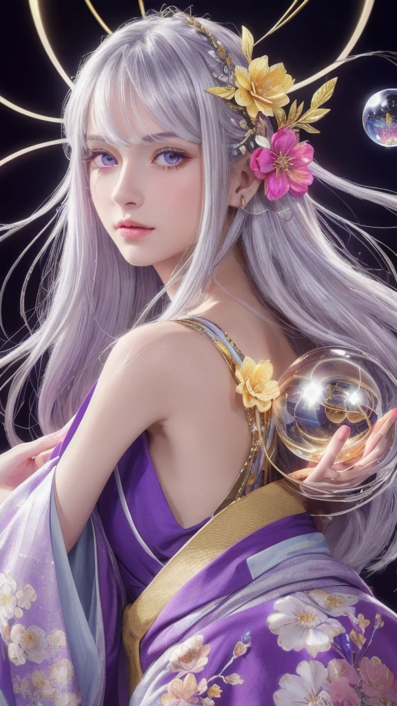 (masterpiece:1.3), (8k, photorealistic, raw photo, highest quality:1.4), (one girl), beautiful face, (realistic face), (long hair), (silver hair, near white hair, shiny hair, beautiful straight hair), (even bangs), (sharp bangs), straight hairstyle, realistic eyes, beautiful detailed eyes (purple eyes), (sharp eyes), (realistic skin), beautiful skin, (kimono), (magician's kimono), (flower hair ornament), attractive, ultra high resolution, ultra realistic, highly detailed, golden ratio, colorful background, (flowers blooming), (energy dancing background), magician, facing forward, facing from shoulders, looking straight ahead, both shoulders facing towards you, holding crystal ball, (heart crystal ball, love crystal ball).