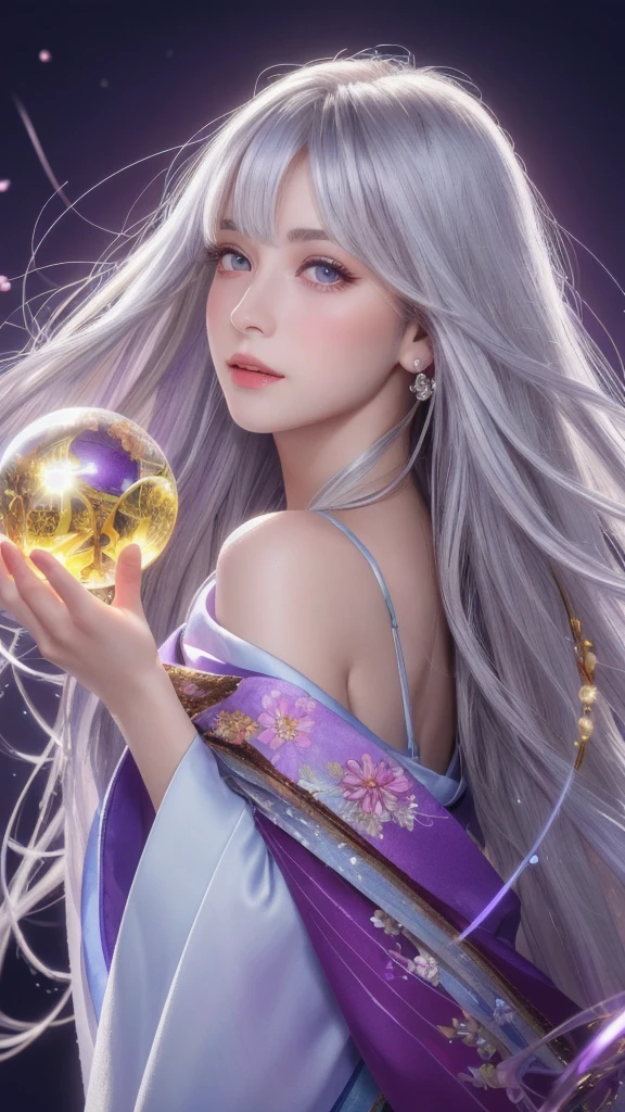 (masterpiece:1.3), (8k, photorealistic, raw photo, highest quality:1.4), (one girl), beautiful face, (realistic face), (long hair), (silver hair, near white hair, shiny hair, beautiful straight hair), (even bangs), (sharp bangs), straight hairstyle, realistic eyes, beautiful detailed eyes (purple eyes), (sharp eyes), (realistic skin), beautiful skin, (kimono), (magician's kimono), (flower hair ornament), attractive, ultra high resolution, ultra realistic, highly detailed, golden ratio, colorful background, (flowers blooming), (energy dancing background), magician, facing forward, facing from shoulders, looking straight ahead, both shoulders facing towards you, holding crystal ball, (heart crystal ball, love crystal ball).
