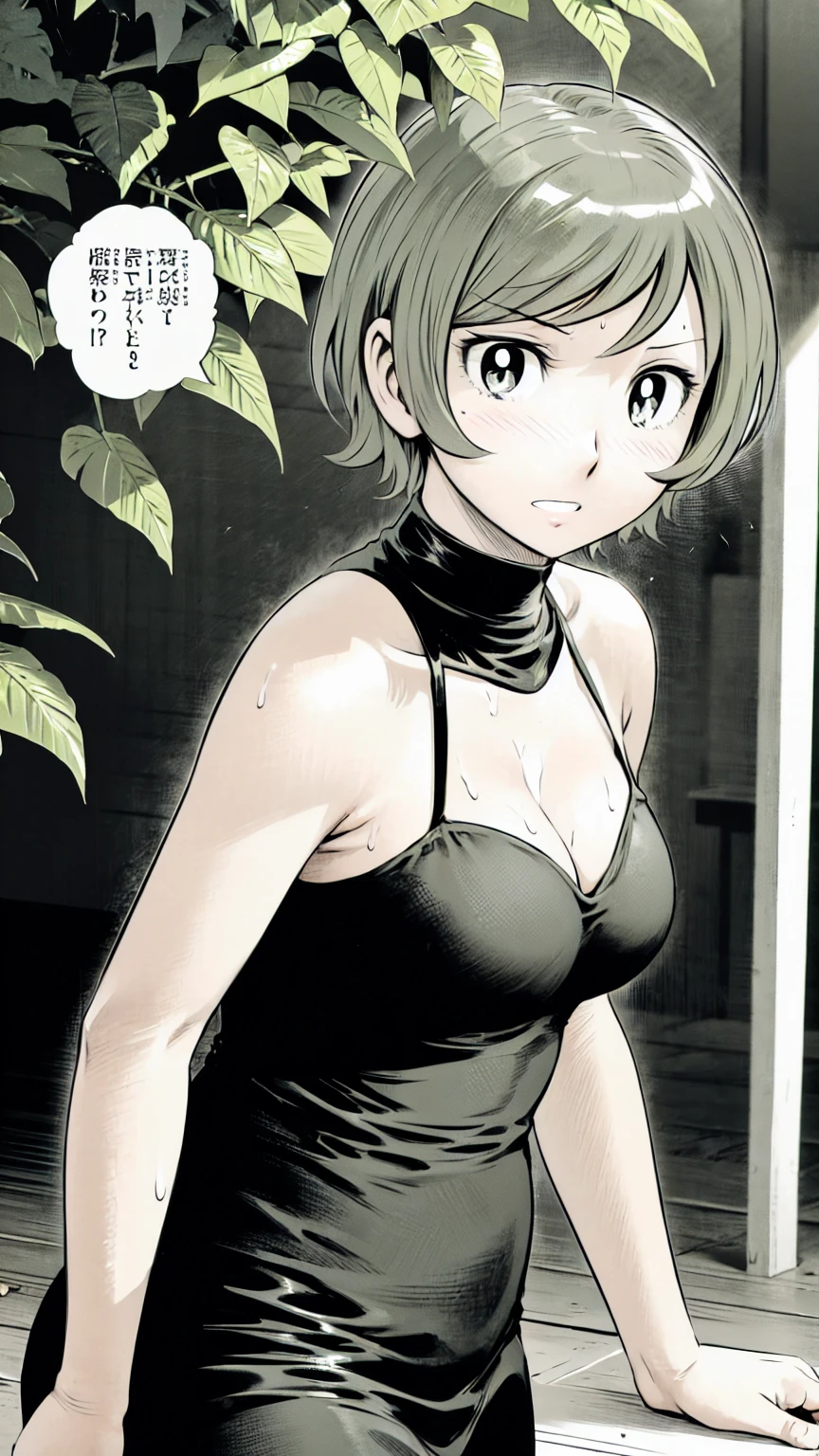 、(masterpiece、Highest quality)、Highest quality, Ultra-high resolution, (((masterpiece))), alone, Sweat、Big eyes, Sleeveless、Outdoor、Floral Dress、Composition from the front、(後ろCut your hair short、short hair、blonde、woman)、Shortcuts、Embarrassed face、Cut your hair short、可愛いwomanの子、Big Breasts、Browsing Caution
