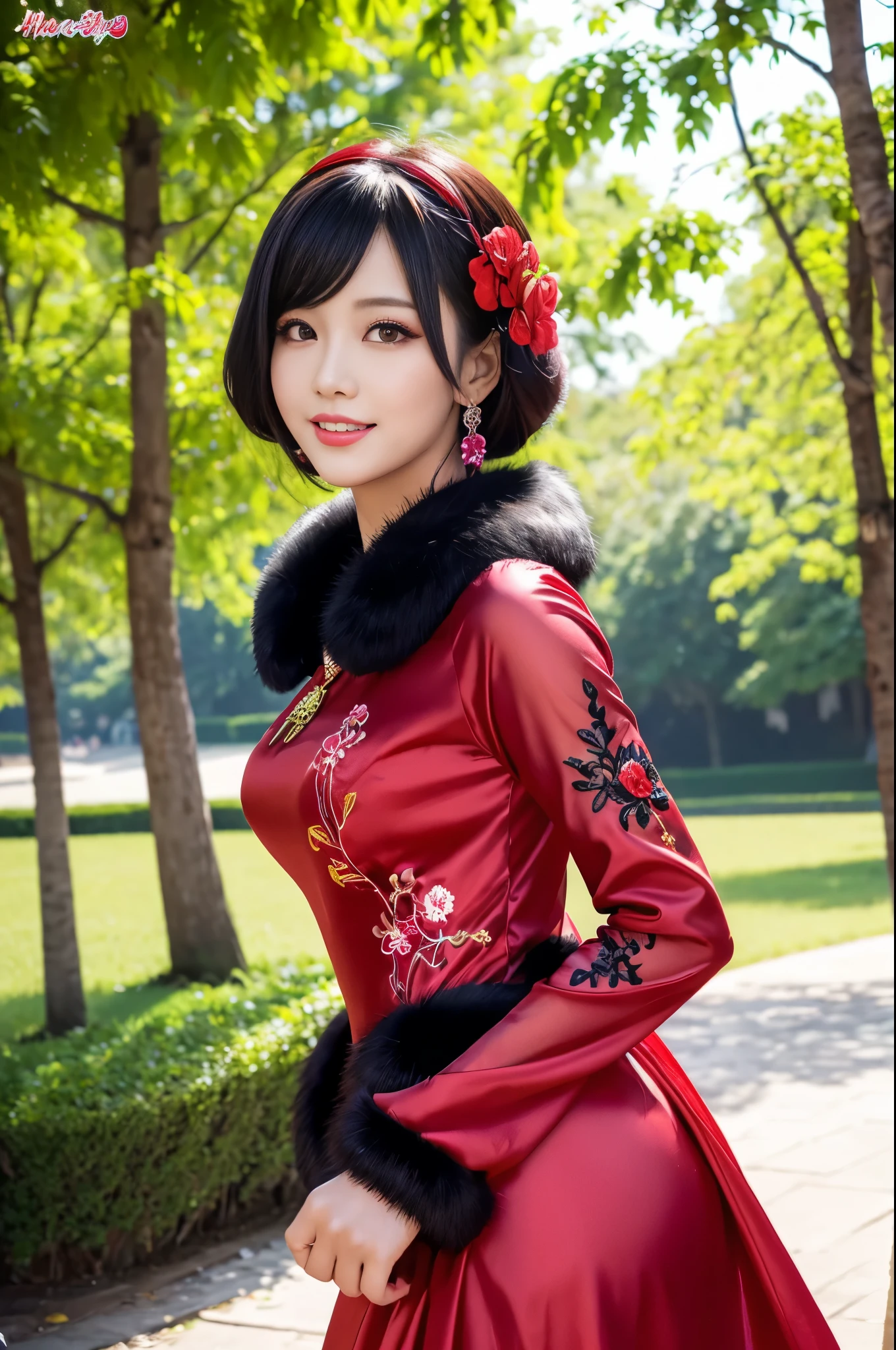 (masterpiece:1.4), (best quality:1.4), ultra high res, ultra high resolution, ((detailed facial features)), HDR, (realistic, photorealistic, photo-realistic:1.37), full body, sexy Vietnamese model, (-anime), only 1 model, vivid colors, very short hair, (beautiful smile), lip-gloss, long lashes, defined eyebrows, wearing large sparkling colorful jewelery, wearing a red silk Paradise Kiss cosplay dress with black floral embroidery, ((long fur vivid colors outfit)), vivid colors, look at the camera, cinematic light, large park background with trees, sweet and sexy pose