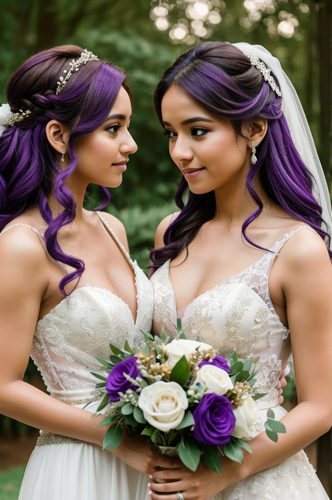 A wedding of two girls, one white skin and purple hair and the other brown skin and brown hair