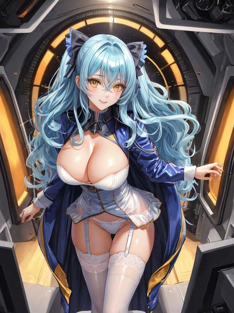 ultra high resolution, hyper-realistic, ultra-detailed, masterpiece, RAW photo, extremely delicate and beautiful, Best Quality, 18k, BREAK (Very-cute-and-beautiful-1gir)l, (16-years-old), ultra detailed beautiful face, BREAK (ultra Delicate beautiful yellow-cute-eyes, Orange Iris, Long eyelashes), Attractive lips, BREAK absurdly long wavy hair, shiny pastel blue hair, Delicate hair portrayal, hair bow, BREAK (slim body and gigantic breasts:1.4), narrow waist and leggy, beautiful curvy cute ass, BREAK (porcelain and Translucent shiny skin:1.2), (sweaty skin:0.7), BREAK Precise anatomy, (Happy Smile), BREAK (High leg Military Spacesuit and Long coat , garter belt tights), ultra detailed, The cockpit is surrounded by glowing monitors, background, BREAK (standing in the center), striking a model-like pose, (character focus:1.2), (Full Body shot, Wide Angle, shoot from above), Professional lighting, atmospheric perspective,