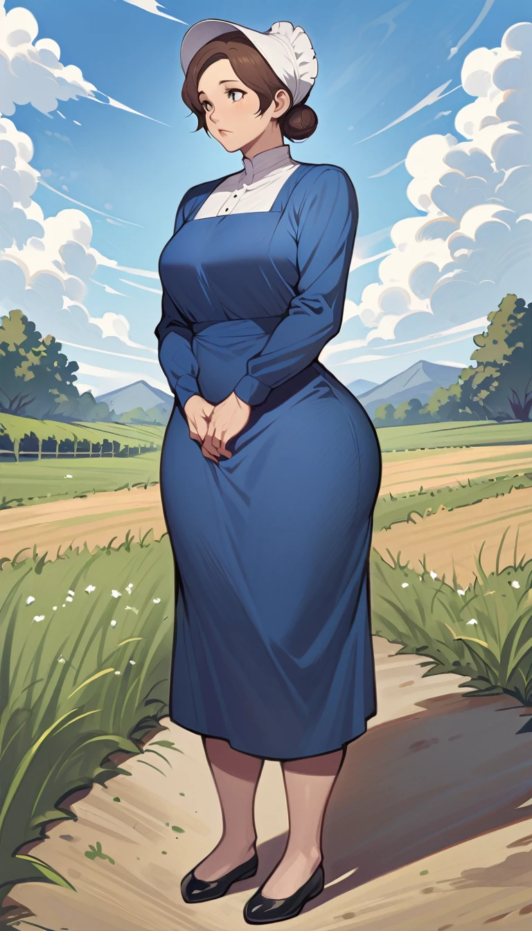 mature adult amish woman, 40 years old, pale skin, long sleeved blue dress, small black apron over her blue dress, full body shown, very short brown hair in a conservative sleek bun, white bonnet kapp, wide hips, thick thighs, wearing simple black flats, thick legs, slightly below the knee dress, slight face wrinkles, tight sleeves, standing upright in a farm field, no makeup, round face, hands on lap, updo hairstyle, dress clings to hips