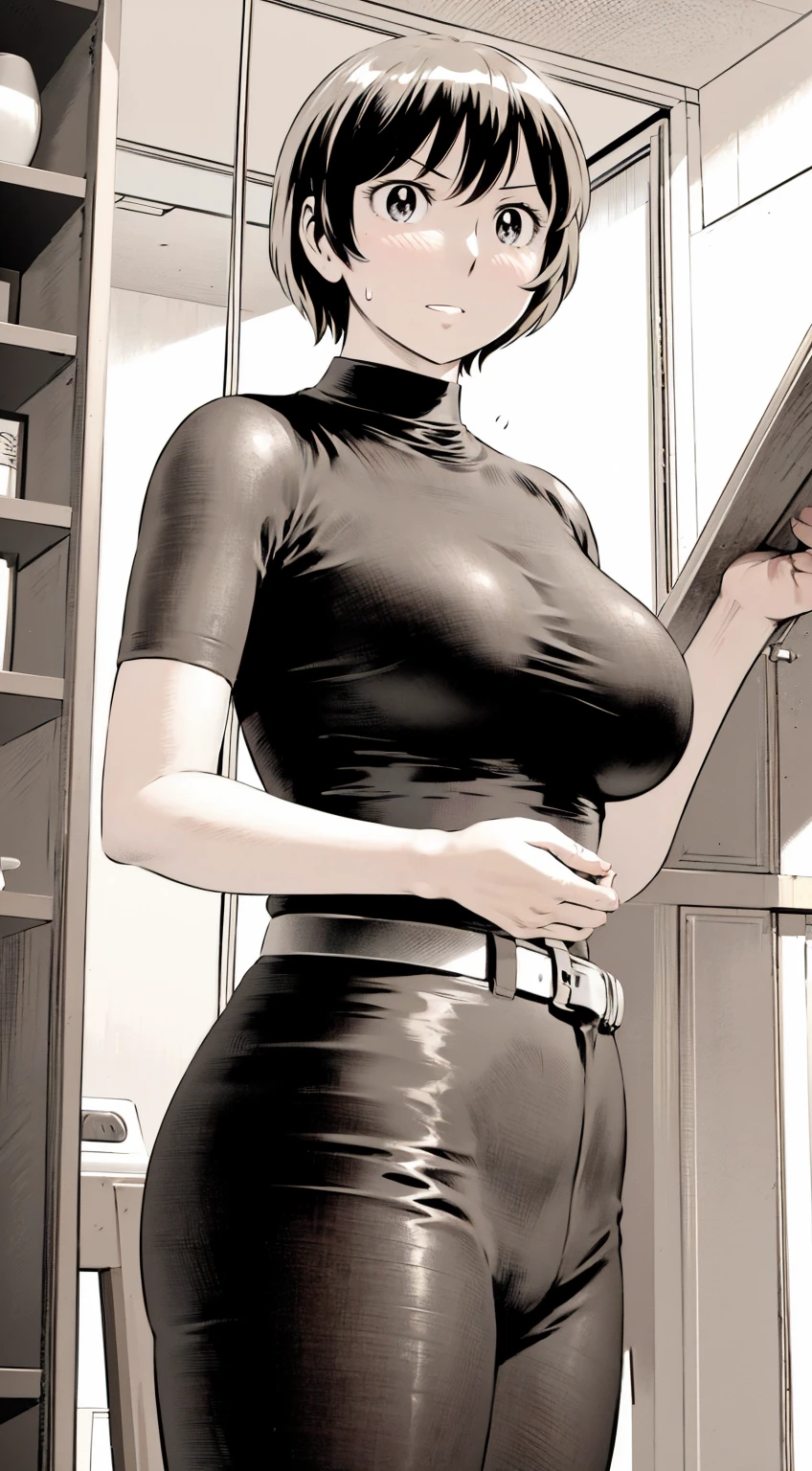 、(masterpiece、Highest quality)、Highest quality, Ultra-high resolution, (((masterpiece))), alone, Sweat、Big eyes,Tight black shirt、Tight white pants、belt、indoor、Composition from the front、(Cut the back hair short、short hair、blonde、woman)、Shortcuts、Embarrassed face、Cut your hair short、可愛いwomanの子、Big Breasts、Inside the room、Full Color、Baseball uniform