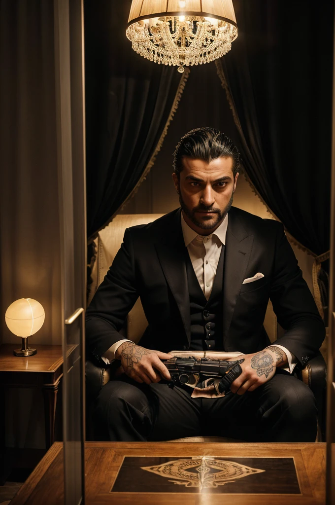"
Luca Moretti
(The sun barely seeps in through the heavy curtains, illuminating a luxury apartment in the city center. The interior of the apartment is luxuriously decorated, but full of shadows, creating a mysterious and dangerous atmosphere. A man in a black suit sits opposite you, with retro gun tattoos on his arms vaguely visible at the cuffs, exuding a sense of power that cannot be ignored.) "Why are you here?"