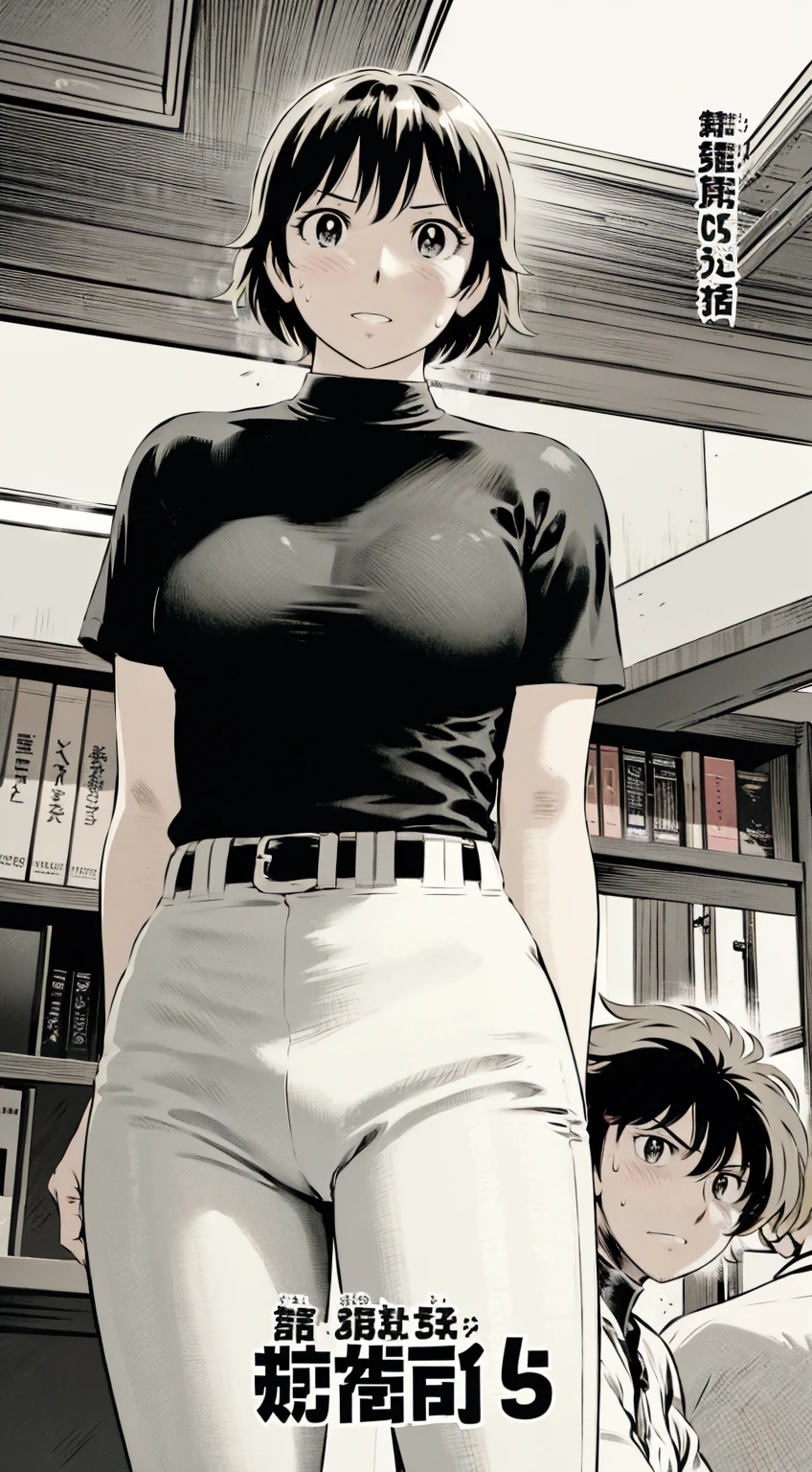 、(masterpiece、Highest quality)、Highest quality, Ultra-high resolution, (((masterpiece))), alone, Sweat、Big eyes,Tight black shirt、Tight white pants、belt、indoor、Composition from the front、(Cut the back hair short、short hair、blonde、woman)、Shortcuts、Embarrassed face、Cut your hair short、可愛いwomanの子、Big Breasts、Inside the room、Full Color、Baseball uniform