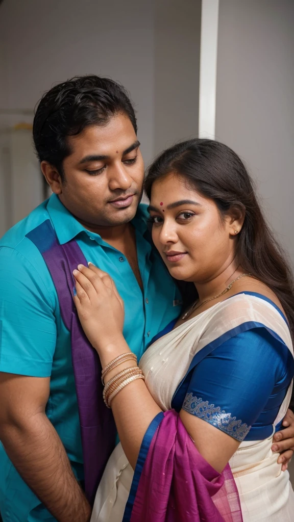 a 50-year-old shirtless man affectionately hugging and kissing aradiant, full-figured South Indian plus-sized 30 year old teacher wearing a off white silky saree in dressing room, captured in a full-body image with vibrant hues and meticulous details. Full body image