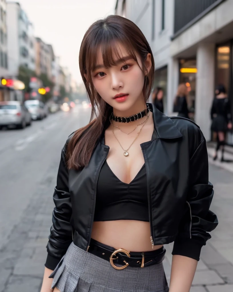 araffe woman in a black top and skirt standing on a street, korean girl, cropped shirt with jacket, gorgeous young korean woman, korean women's fashion model, wearing a sexy cropped top, beautiful south korean woman, beautiful young korean woman, korean woman, heonhwa choe, dressed in short leather jacket, attractive girl, young asian girl, sexy style