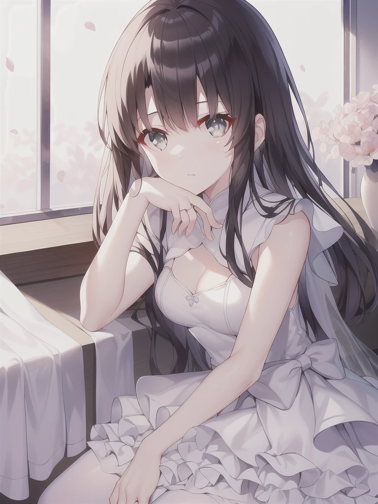 A girl，Long hair, Bangs, Black hair, Hair between the eyes, s eyes，蓝色s eyes:（1.5),  (Medium breasts:1.2), 
rest  锁骨, Wedding dress，veil，wedding，White Dress，Flowers，The skirt is broken，White socks，Tights，White knee socks，
Looking at the audience, whole body,
indoors, church，permanent，permanent，
rest (masterpiece:1.2), best quality, high resolution, Unity 8K wallpaper, (illustration:0.8), (美丽细致s eyes:1.6), Extremely detailed face, Perfect lighting, Extremely detailed CG, (Perfect hands, Perfect anatomical structure),