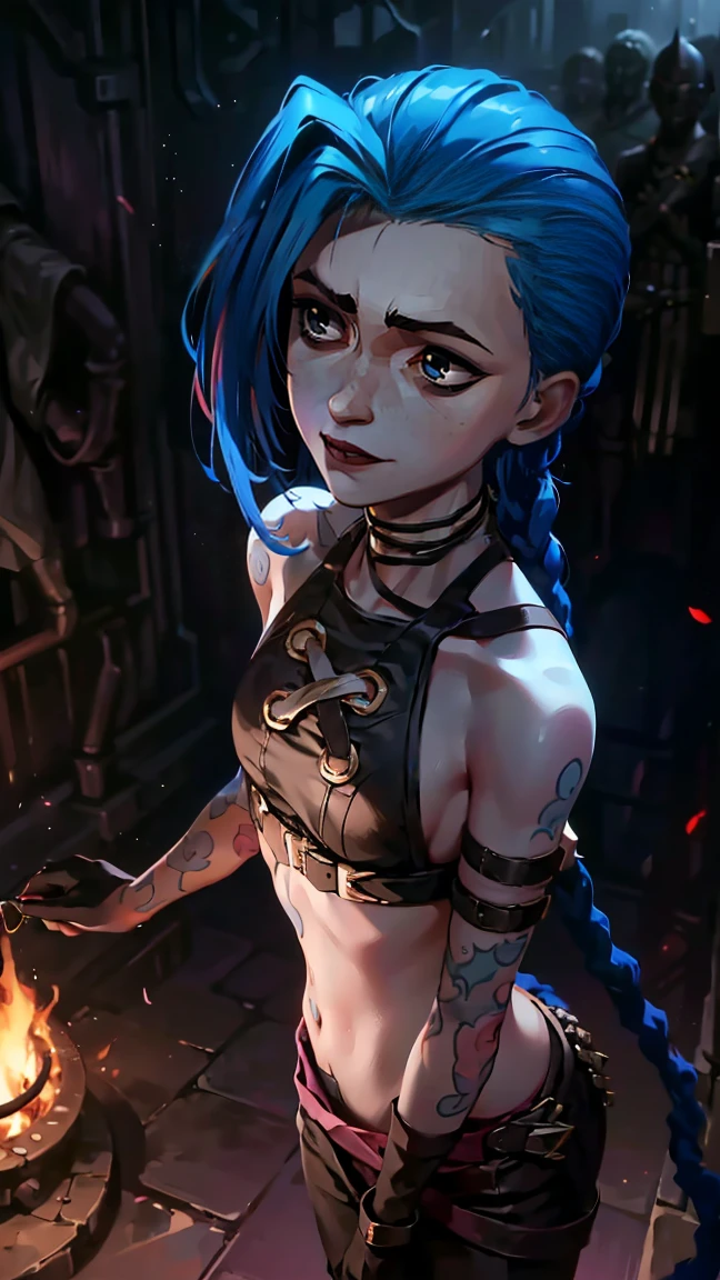 (masterpiece, Best quality), 1 girl, portrait very detailed face,, very sexy, full length (full body 1.1.), crazy look, smile, crying, pink tears, tears on the cheeks, tears from eyes, очень feminine, fighting stance, battle, fire, explosions, burning city, beautiful waist, gloomy composition, flame, fire, Flash, very beautiful, feminine, long hair, hair braided in long braids, very sexy, tight leather pants, emphasis on the eyes, emphasis on the face, Beautiful face, hands, Косаed ponytail, red purple eyes, Джинкс crying, Blue cloud tattoo, (masterpiece, Best quality), Side lighting, beautiful detailed eyes, crazy face), (Best quality), (masterpiece), magic photography, Spectacular lighting, photorealism, ultra detailed, intimate portrait composition, 1. 4,8 K UHD, aesthetic, Cd., a high resolution, 8 K, Better lighting, Best shade, Ultra-HD, a high resolution, Sharp Focus, complex background, cinematic lighting, ((Landscape view)), 4K block, (Better lighting), ((cinematic lighting)),