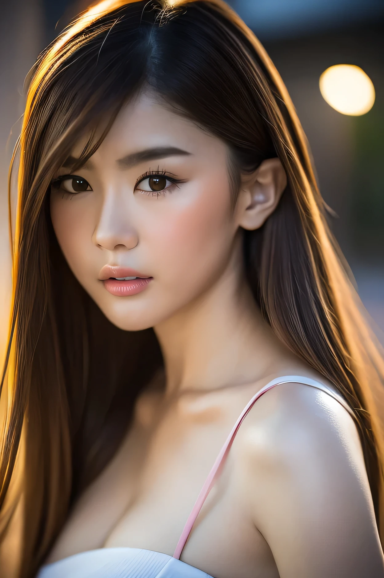 (highest quality,masterpiece:1.3,超A high resolution,),(Very detailed,Caustics),(Photorealistic:1.4,RAW shooting,)、Slim jawline、The face is thin、A little skinny、Slimmer jawline、Slim contours、Looking at this、Pink lips。Black Eyes、Large pupils、Ultra-Realistic Capture,Very detailed,High resolution 16K for human skin、 Natural skin texture、、Skin tone is even and healthy looking、 Use natural light and color,One Woman,Japanese,,cute,Brown Hair,Mid-length hair,(Written boundary depth、chromatic aberration、、Wide range of lighting、Natural Shading、)、(Outdoor lighting at night:1.4)、(Hair swaying in the wind:1)、short hair、Holding hands