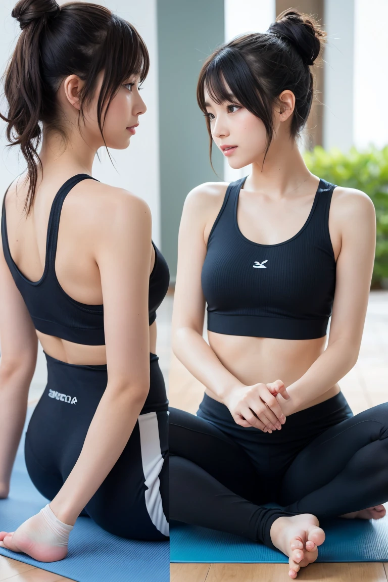 Close-up shot , Best image quality (8k, High resolution, masterpiece: 1.2), Very detailed, 215 Short Hair, 25-year-old female, situation: Yoga sessions in the park or at a studio。 clothing: Tight yoga pants and a tank top。Barefoot or yoga socks。Hair in a high ponytail。 angle: Profile of a person posing on a mat。Choose a Balanced Yoga Posture.、Emphasis on calm and focus。that'You can also take a full-body photo with the bird..'An S-shaped view from above.。 Face close-up , Random cute poses ,Big eyes ,Puffy eyes , Heart pupil, blush , Big shy smile , salute、Grown-up