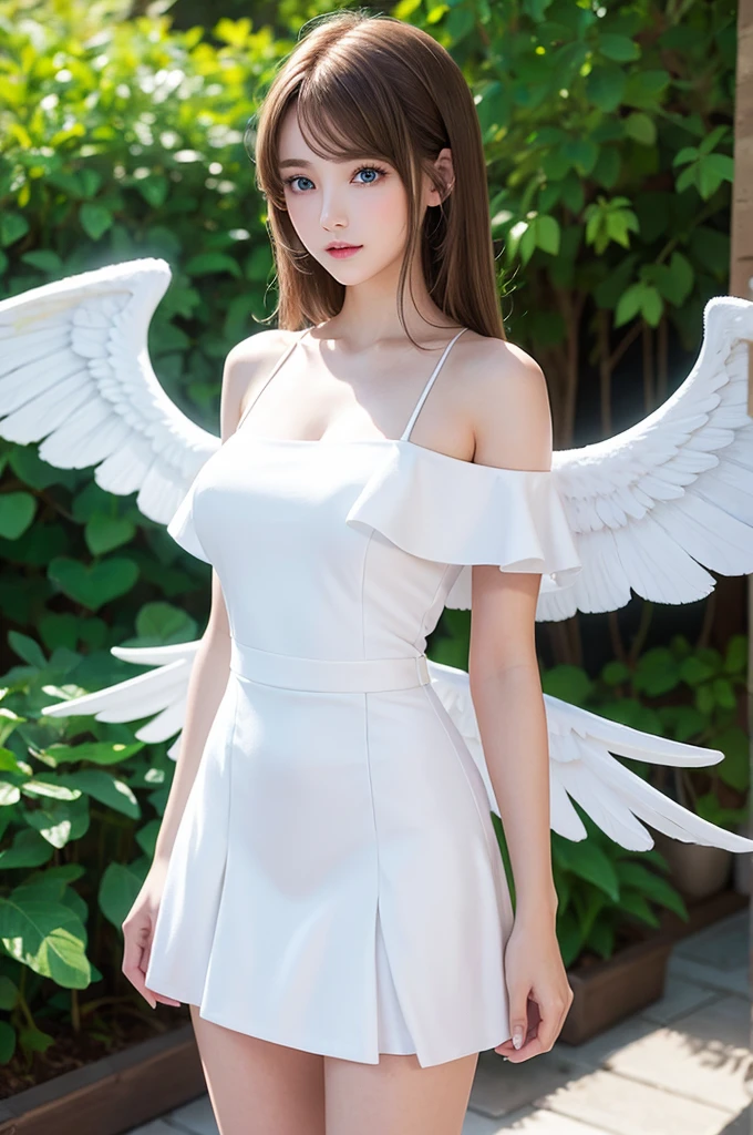 high resolution, best quality, masterpiece, ultra high definition, ultra high definition, ultra realistic, 3d, anime, illustration, solo, very beautiful and cute woman in her twenties, she wears a light white floral miniskirt length dress and flutters her wings, her hair is moving, full body, wonderful perfect proportions, shiny light brown medium hair, high layer cut, mullet hairstyle, bright blue eyes, happy, shy