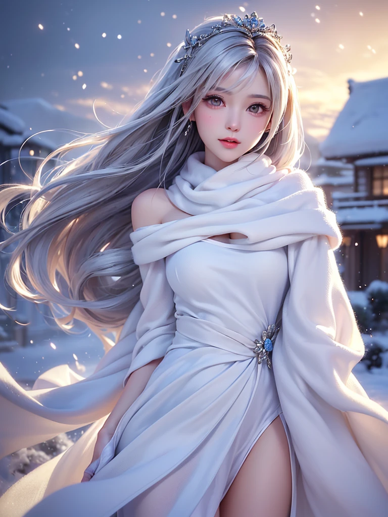 ((masterpiece:1.5、8k、Tabletop、フォトリアリスティックでVery detailedなCG、Very detailed、Particle Effects、Dynamic Effects、Written boundary depth、Cinematic Light、Lens flare、Ray Tracing、Tabletop、Realistic:1.4、Ultra-high resolution:1.2、Realistic、Realistic))((alone、,Woman wearing a white fur coat over an off-the-shoulder sweater:1.4、Wear a long scarf、Elegant woman posing:、Detailed face、bright表情、young, bright, Whiter skin、Ample breasts、Best Looks、Ultimate beauty、Shiny silver hair with highlights、Bright and shiny hair,、Super long, Silky straight hair、Hair dancing in the wind))(morning、The setting is outdoors in the snow、Surrounded by illuminations)

