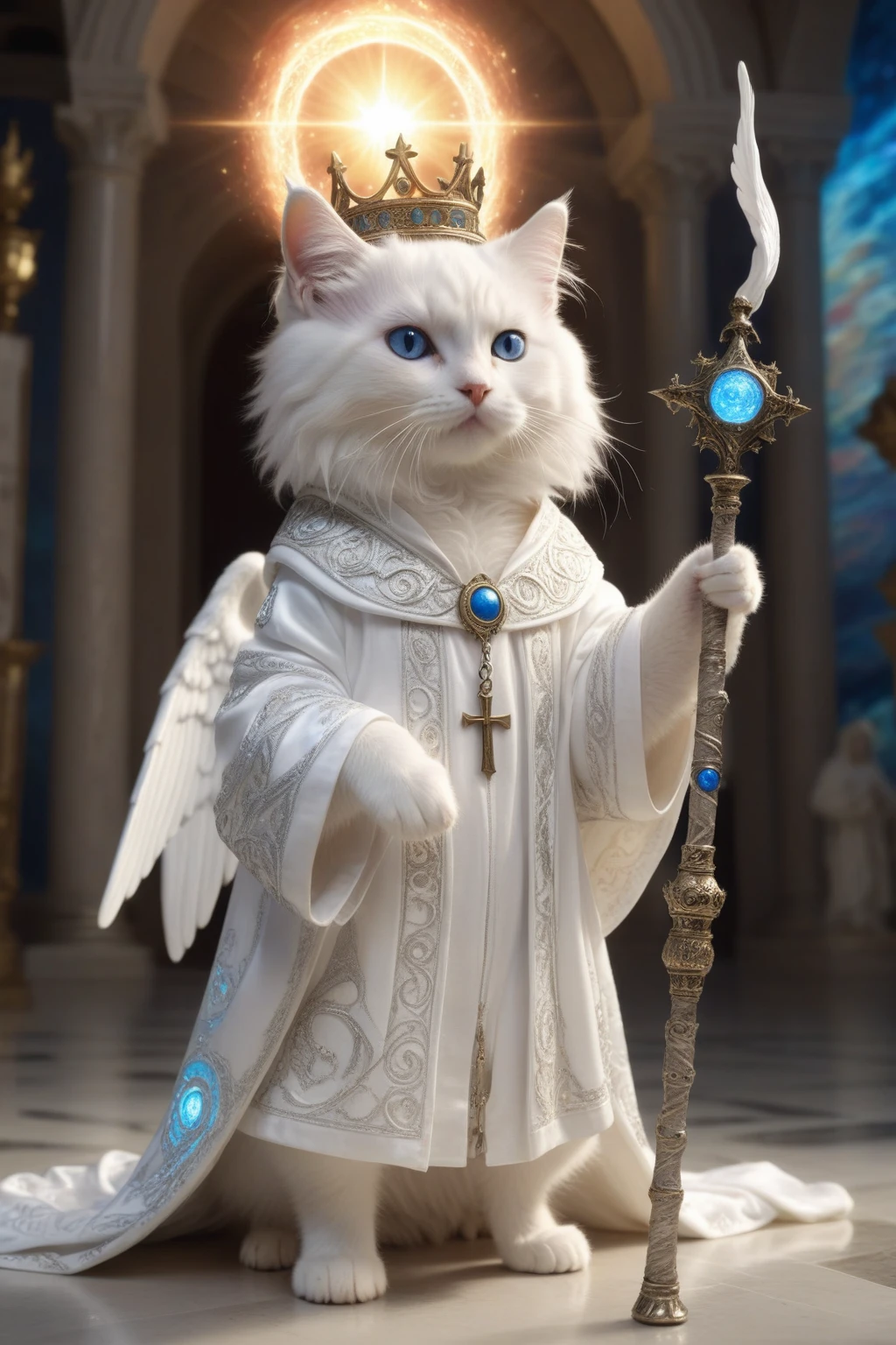 kitten,
Fantasy World,
White cat wizard in intricate ancient robes,
Holding a white cane,(Papal crown:1.2),
blue eyes,
Intricate runes swirling,
Casting a Spell,
Holy Light,
Fluffy tail,
Detailed local information,
(Ultra-detailed,high quality visuals,Dim lighting,Ultra-realistic,Sharply focused,Octane Rendering,8K Ultra HD,masterpiece,high quality),Beautiful sparkle,Beautiful sparkle,
walk,Wave,Wind,(((glistening light of Wave))),(Detailed sunset),(floating flow),((Coral)),(bright),coastal,(floating colorful bubbles),Beautifully detailed skies,(sunlight),(Angel),Dynamic Angle, floating, wing, Hello, floating white silk,(Holy Light),Silver Star,
