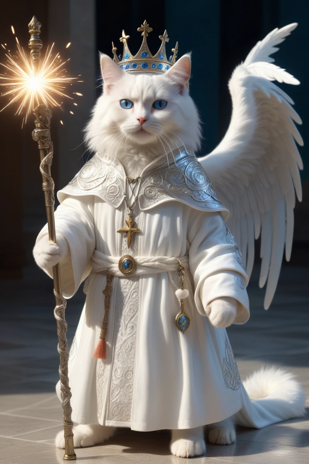 kitten,
Fantasy World,
White cat wizard in intricate ancient robes,
Holding a white cane,(Papal crown:1.2),
blue eyes,
Intricate runes swirling,
Casting a Spell,
Holy Light,
Fluffy tail,
Detailed local information,
(Ultra-detailed,high quality visuals,Dim lighting,Ultra-realistic,Sharply focused,Octane Rendering,8K Ultra HD,masterpiece,high quality),Beautiful sparkle,Beautiful sparkle,
walk,Wave,Wind,(((glistening light of Wave))),(Detailed sunset),(floating flow),((Coral)),(bright),coastal,(floating colorful bubbles),Beautifully detailed skies,(sunlight),(Angel),Dynamic Angle, floating, wing, Hello, floating white silk,(Holy Light),Silver Star,