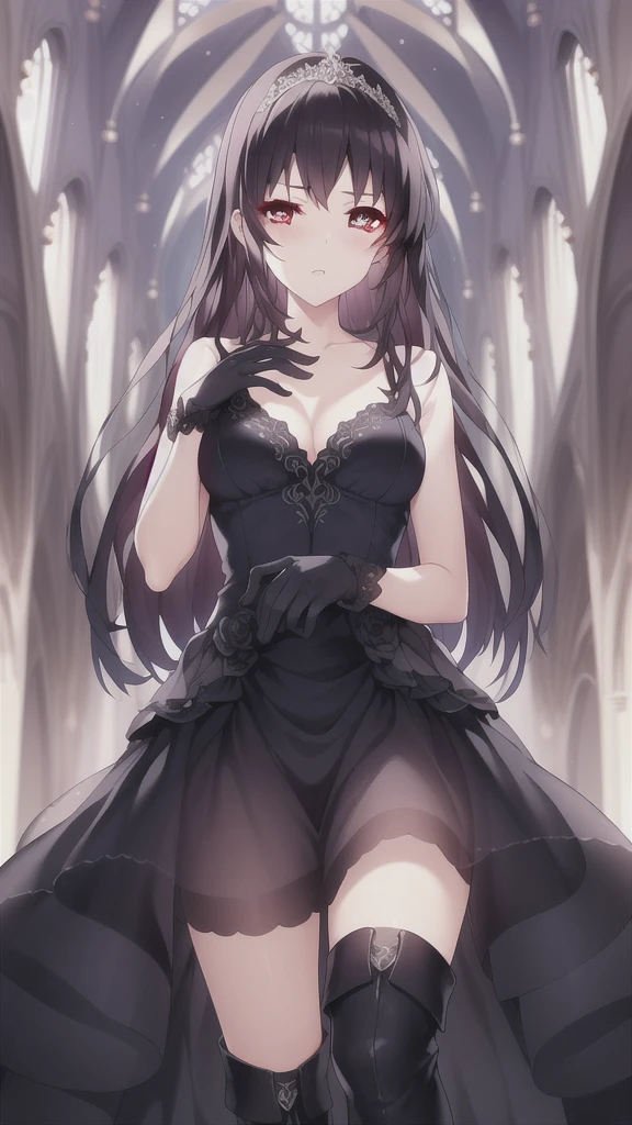 A girl,,Long hair, Bangs, black hair, Hair between the eyes, Purple Eyes:(1.5), (Medium breasts:1.2),
rest 锁骨, Wedding dress,veil,wedding,Black dress,Flowers,dress,Black socks,Black knee socks,Black gloves,Long boots,Cleavage,
Looking at the audience, whole body, Open your mouth,lol,
indoors, church,permanent,permanent,微lol,With one eye closed,
rest (masterpiece:1.2), best quality, high resolution, 8k wallpaper, (illustration:0.8), (Beautiful and delicate eyes:1.6), Extremely detailed face, Perfect lighting, Extremely detailed CG, (Perfect hands, Perfect anatomical structure),