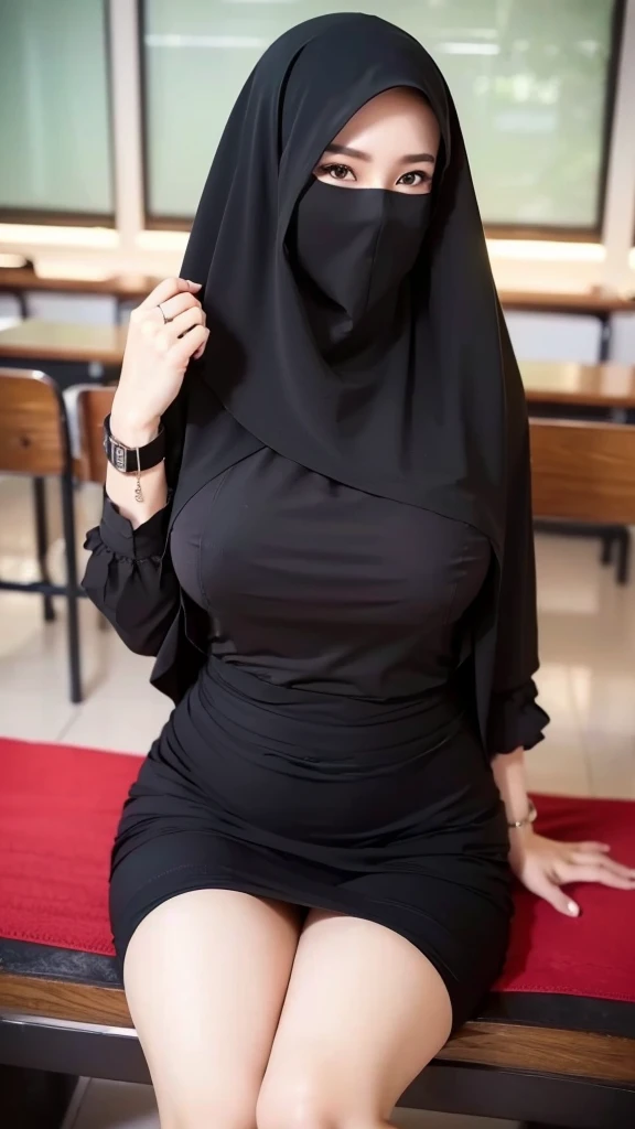 8K, high quality, nice lighting, soft lighting, realistic, dark eyes, sexy, big breasts, thighs, wide hips, muscular, malaysia, red hijab, black dress, long sleeves, Jewelry, sexy lady, asian, hijab, niqab, sexy pose, in school, showing big thighs, nice body, natural largest breast, wearing wedding rings, hand sock, school teacher girl, detail fingers, perfect hand
