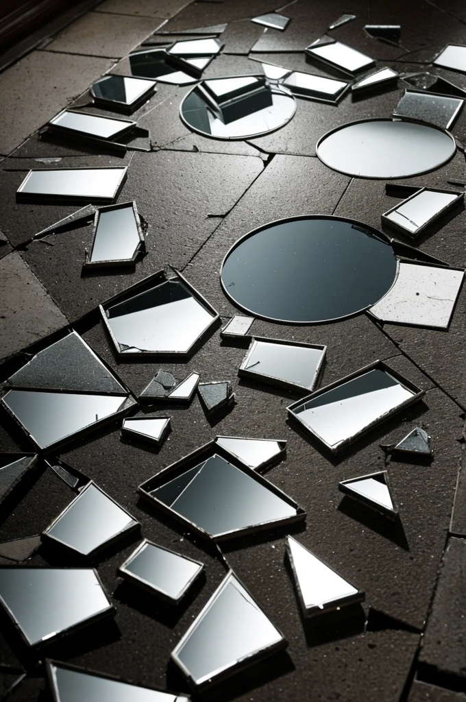 Close-up of the broken mirror pieces on the floor. In the shattered glass, a horrifying face is seen