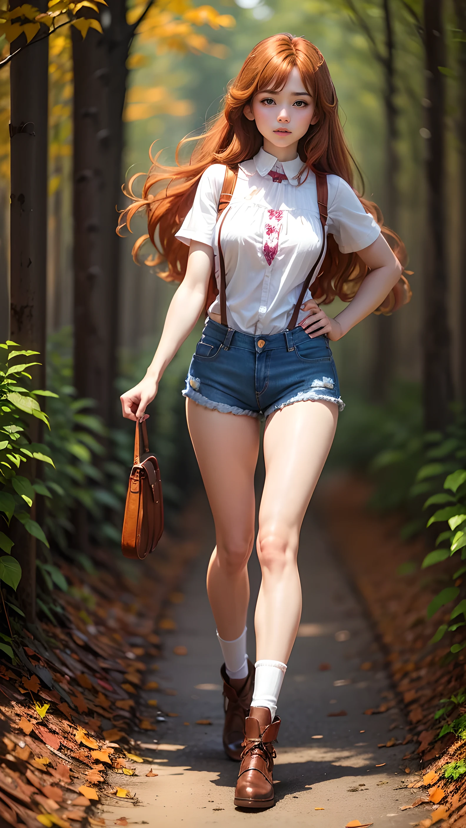 1 girl,cute,,Long reddish-brown hair,full body,The eyes are pronounced purple.,perfect face,Denim shorts with suspenders,High definition images,Brown camal leather shoes,Striped socks,blurred background,maple leaf background,white balance
