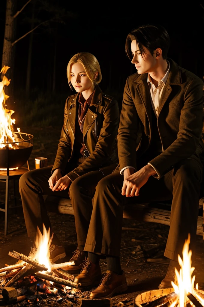 Levi ackerman woman version at a campfire with a blonde man