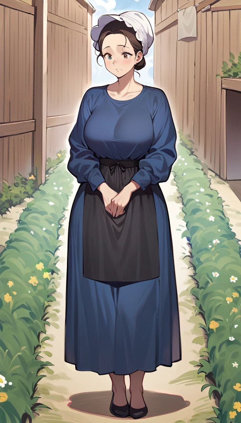 1woman, mature, adult amish woman, 40 years old, pale skin, long sleeved blue dress, she wears small black apron over her blue dress, full body shown, very short brown hair in a conservative style, updo hairstyle, white bonnet kapp that covers a majority of her head and hair, no excess hair at the back of her head, wide hips, thick thighs, wearing small simple black flats, thick legs, slightly below the knee dress, slight face wrinkles, tight sleeves, standing upright in a farm field, no makeup, hands on lap, side view, aged face, busty, rosy cheeks, slim waist