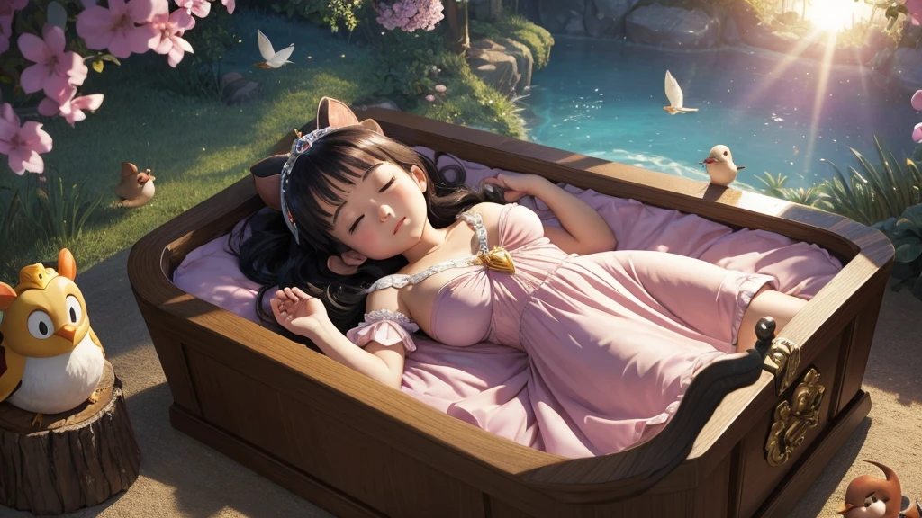style of disney manga, big breast princess lying in a glass coffin, eyes closed, group of tiny cute dwarfs crying and standing looking at the princess, morning sun, birds, animals