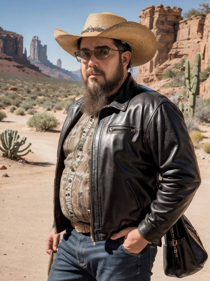 male, solo, beard, Glasses, obesity, Cowboy hat, leather jacket, Saddlebags, desert, Cactus, Animal Path, sunlight, Heat
