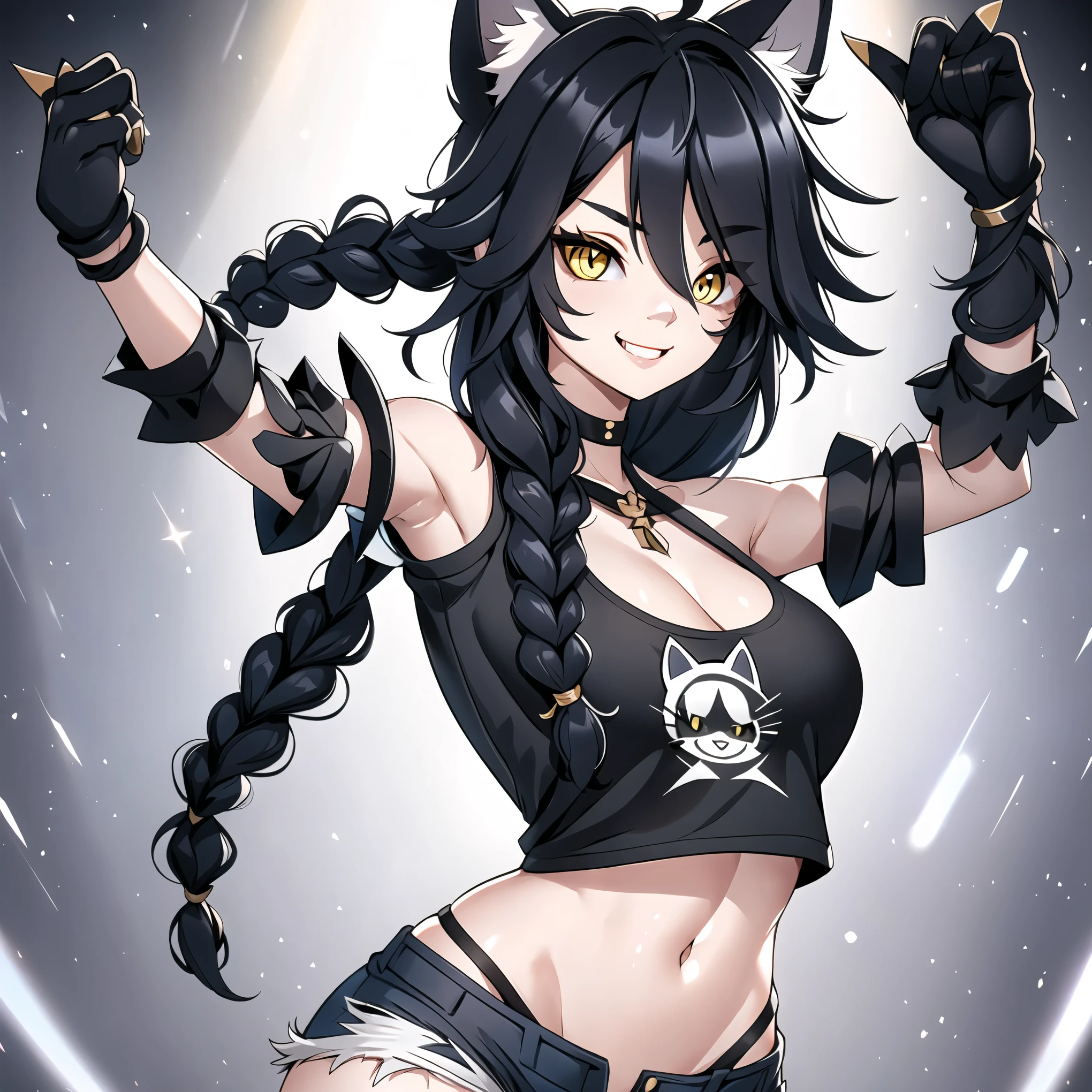 1girl, solo, long hair, looking at viewer, black hair, bandaid on face, yellow eyes, animal ears, smile, bandaid on nose, braid, cat ears, bandaid, bangs, breasts, fang, bare shoulders, scar, teeth, shirt, bare shoulders, white shirt, short sleeves, closed mouth, t-shirt, hair over one eye, portrait, bag, hair over shoulder, shorts, fullbody shot, cute, messy hair