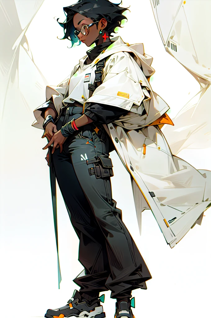 female, dark skin, simple background, glasses, short hair, high quality, masterpiece, full body, look away