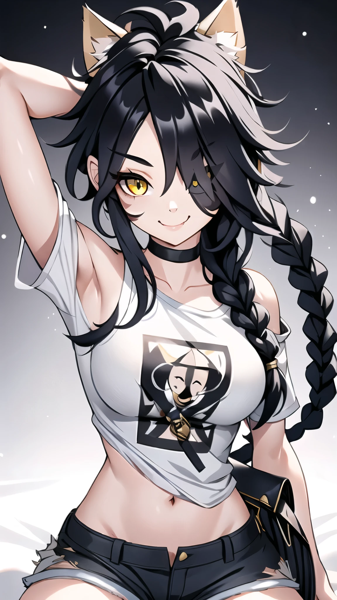 1girl, solo, ultra long hair, looking at viewer, black hair, bandaid on face, yellow eyes, smile, bandaid on nose, braid, bandaid, ultra detailed face, masterpiece, bangs, breasts, fang, bare shoulders, scar, teeth, shirt, bare shoulders, white shirt, short sleeves, closed mouth, t-shirt, hair over one eye, portrait, bag, hair over shoulder, shorts, fullbody shot, cute, messy hair