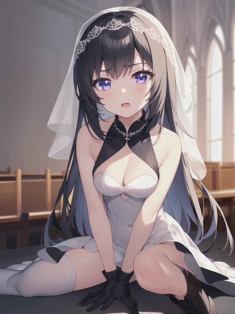 A girl,,Long hair, Bangs, black hair, Hair between the eyes, Purple Eyes:(1.5), (Medium breasts:1.2),
rest 锁骨, Wedding dress,veil,wedding,Black dress,Flowers,dress,Black socks,Black knee socks,Black gloves,Long boots,Cleavage,
Looking at the audience, whole body, Open your mouth,lol,
indoors, church,permanent,permanent,微lol,With one eye closed,
rest (masterpiece:1.2), best quality, high resolution, 8k wallpaper, (illustration:0.8), (Beautiful and delicate eyes:1.6), Extremely detailed face, Perfect lighting, Extremely detailed CG, (Perfect hands, Perfect anatomical structure),