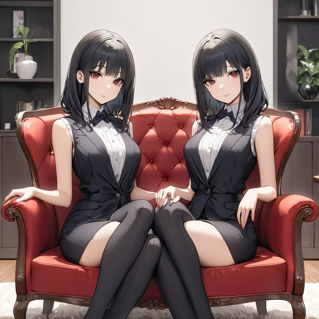 A Cute Woman with Long, silky black hair, left blue eyes, and right red eyes, perfectly symmetrical features, smooth skin, slim build, wears elegant clothes. She is sitting in a couch in a modern living room.