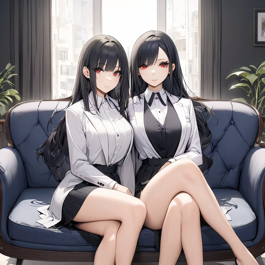 A Cute Woman with Long, silky black hair, left blue eyes, and right red eyes, perfectly symmetrical features, smooth skin, slim build, wears elegant clothes. She is sitting in a couch in a modern living room.