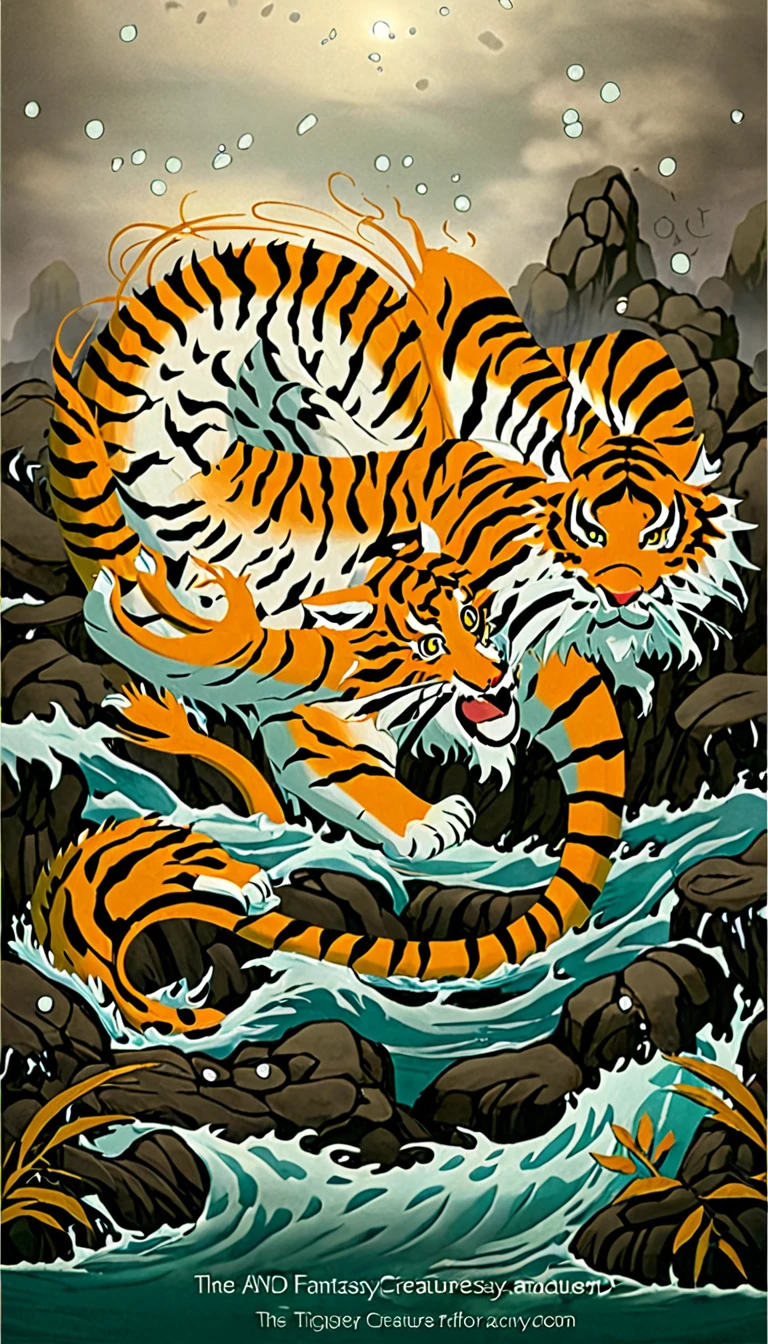 水中的一种Fantasy Creatures，The tiger&#39;s head matches the dragon&#39;s body(best quality，4K，8k，High level，masterpiece：1.2），Ultra Detailed，（lifelike，Photo real，Photo real：1.37），Highly detailed animals，Complex patterns，Realistic lighting，Fantasy Creatures