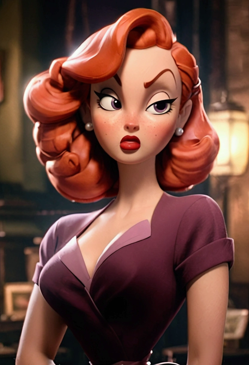 A gorgeous, voluptuous cartoon woman with striking red hair styled in a 1940s-inspired updo. She has a classically beautiful face with large, expressive eyes, long eyelashes, and full red lips. Her figure is curvaceous, accentuated by a tight-fitting, low-cut purple dress with a thigh-high slit. She strikes a confident, alluring pose, one hand on her hip as she looks directly at the viewer with a sultry gaze. The background is a dimly lit, film noir-inspired setting, creating an atmosphere of mystery and intrigue. Detailed face, dynamic pose, cinematic lighting.