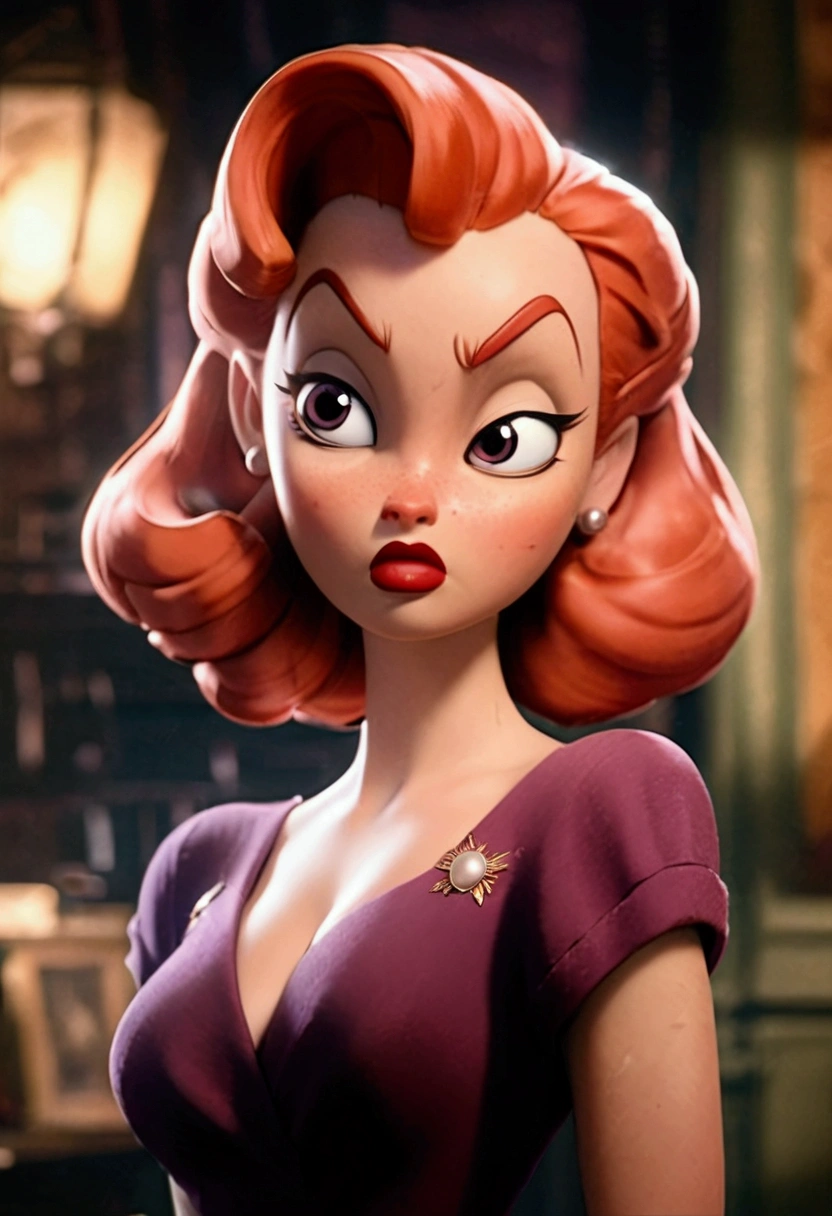 A gorgeous, voluptuous cartoon woman with striking red hair styled in a 1940s-inspired updo. She has a classically beautiful face with large, expressive eyes, long eyelashes, and full red lips. Her figure is curvaceous, accentuated by a tight-fitting, low-cut purple dress with a thigh-high slit. She strikes a confident, alluring pose, one hand on her hip as she looks directly at the viewer with a sultry gaze. The background is a dimly lit, film noir-inspired setting, creating an atmosphere of mystery and intrigue. Detailed face, dynamic pose, cinematic lighting.