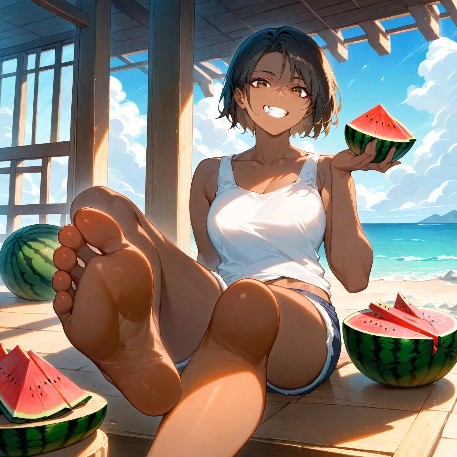 score_9, score_8_up, score_7_up, source_anime, high res image, masterpiece, best quality, 1 girl, Brown skin, shiny hair, ultra detailed eyes, eye highlights, short hair, black hair, brown eyes, white tank top, short shorts, smile,foot focus、 (eating watermelon:1.1), holding watermelon with both hands, verandah, japanese home, sitting, cetus,ocean in the distance
