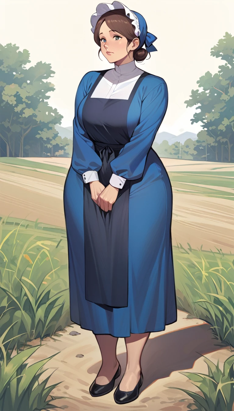 mature adult amish woman, 40 years old, pale skin, long sleeved blue dress, small black apron over her blue dress, full body shown, very short brown hair in a conservative sleek bun, white bonnet kapp, wide hips, thick thighs, wearing simple black flats, thick legs, slightly below the knee dress, slight face wrinkles, tight sleeves, standing upright in a farm field, no makeup, round face, hands on lap, updo hairstyle, dress clings to hips