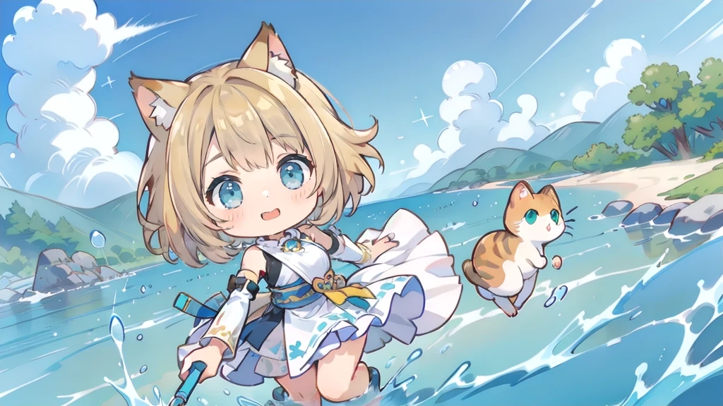 Chibi Character、Cat ear、Blonde Hair、Short Hair、Cat ear、Turquoise Eyes(masterpiece, Highest品質, Highest, Official Art, beautifully、aesthetic, exposed for a long time:1.3), Fluid movement, Fascinating patterns, (One girl: 2), (Dynamic pose), Absurd, Portraiture, alone, (whole body:1.1), View your viewers, Detailed Background, Detailed face, standing on water, ripple, swirling water, Suspended particles, Ether Dynamic, water, splash, vapor, Ocean Background, coastal, Ethereal atmosphere, (Crystal AI:0.8), Realistic Skin, Dramatic lighting, Ultra-realistic, wallpaper, Complex, Sharp focus, Ray Tracing, RTTX 10.0, Professionally color coded, Professional photography, masterpiece, Super detailed, high quality, Highest quality, 4K, 8k, born, FFX, Heterochromia iridis, short hair, Yuna Costume, hair ornaments, Removable sleeves, In the same way, sash, In the same way skirt, Long skirt, smile, Happy, Blonde Hair、Short Hair、Cat ear、Turquoise Eyes
