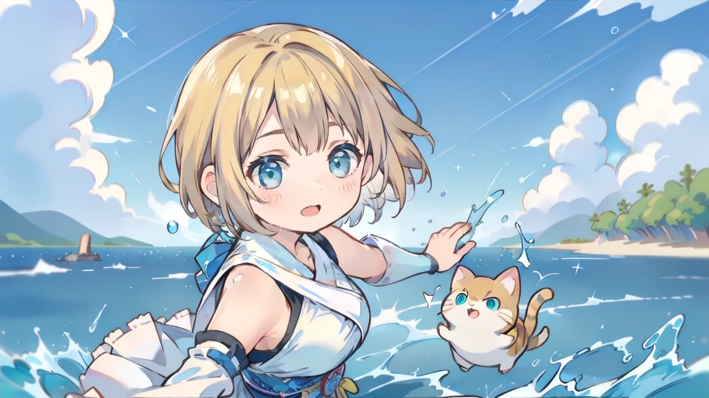Chibi Character、Cat ear、Blonde Hair、Short Hair、Cat ear、Turquoise Eyes(masterpiece, Highest品質, Highest, Official Art, beautifully、aesthetic, exposed for a long time:1.3), Fluid movement, Fascinating patterns, (One girl: 2), (Dynamic pose), Absurd, Portraiture, alone, (whole body:1.1), View your viewers, Detailed Background, Detailed face, standing on water, ripple, swirling water, Suspended particles, Ether Dynamic, water, splash, vapor, Ocean Background, coastal, Ethereal atmosphere, (Crystal AI:0.8), Realistic Skin, Dramatic lighting, Ultra-realistic, wallpaper, Complex, Sharp focus, Ray Tracing, RTTX 10.0, Professionally color coded, Professional photography, masterpiece, Super detailed, high quality, Highest quality, 4K, 8k, born, FFX, Heterochromia iridis, short hair, Yuna Costume, hair ornaments, Removable sleeves, In the same way, sash, In the same way skirt, Long skirt, smile, Happy, Blonde Hair、Short Hair、Cat ear、Turquoise Eyes