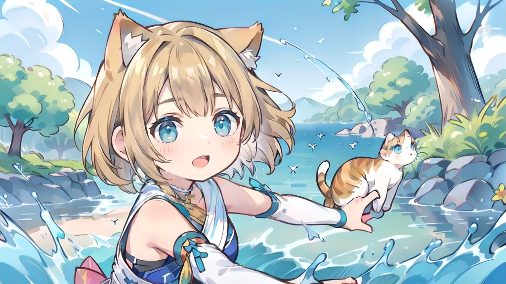 Chibi Character、Cat ear、Blonde Hair、Short Hair、Cat ear、Turquoise Eyes(masterpiece, Highest品質, Highest, Official Art, beautifully、aesthetic, exposed for a long time:1.3), Fluid movement, Fascinating patterns, (One girl: 2), (Dynamic pose), Absurd, Portraiture, alone, (whole body:1.1), View your viewers, Detailed Background, Detailed face, standing on water, ripple, swirling water, Suspended particles, Ether Dynamic, water, splash, vapor, Ocean Background, coastal, Ethereal atmosphere, (Crystal AI:0.8), Realistic Skin, Dramatic lighting, Ultra-realistic, wallpaper, Complex, Sharp focus, Ray Tracing, RTTX 10.0, Professionally color coded, Professional photography, masterpiece, Super detailed, high quality, Highest quality, 4K, 8k, born, FFX, Heterochromia iridis, short hair, Yuna Costume, hair ornaments, Removable sleeves, In the same way, sash, In the same way skirt, Long skirt, smile, Happy, Blonde Hair、Short Hair、Cat ear、Turquoise Eyes