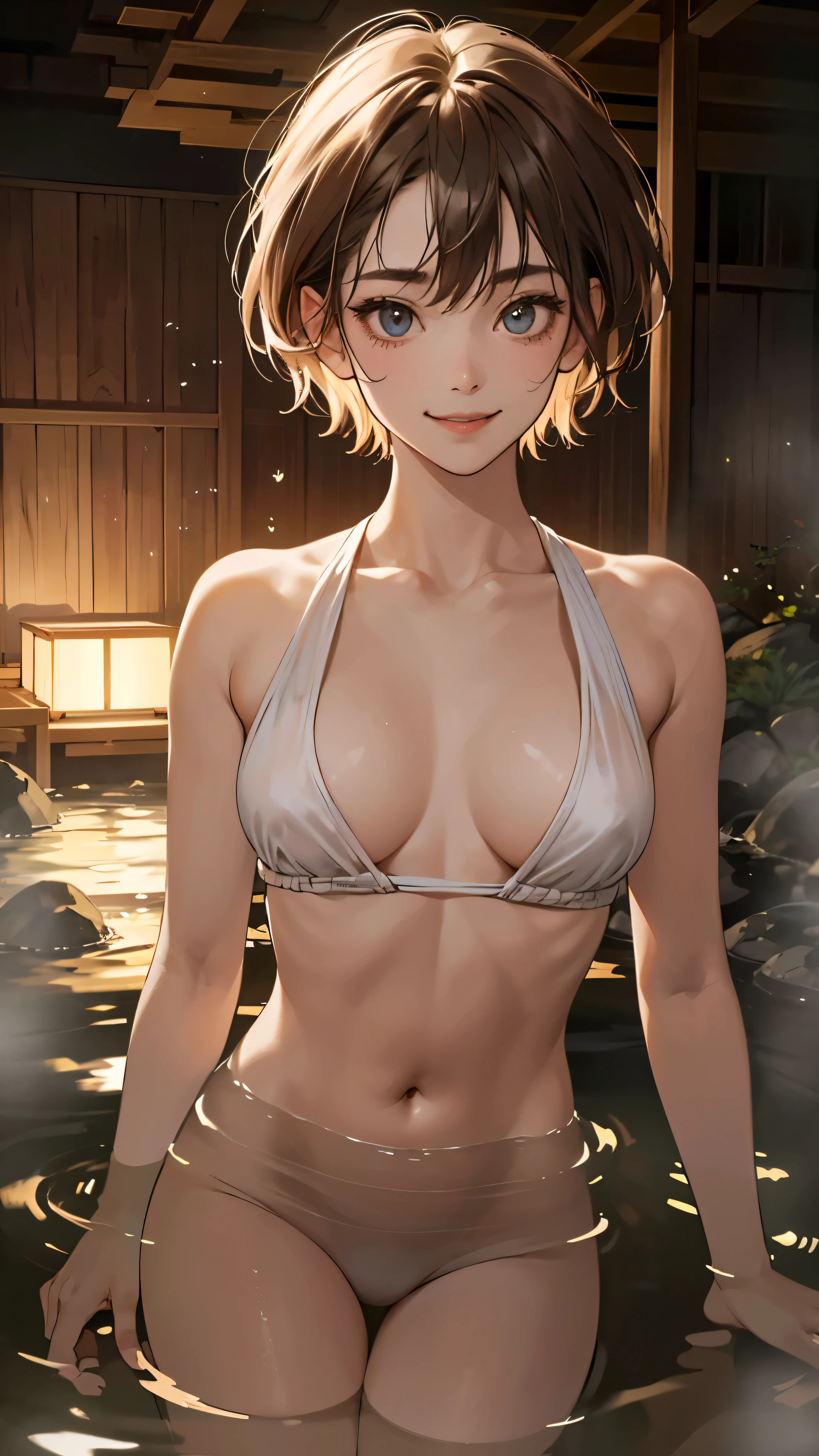 (perfect anatomy:1.2)(absurdres, highres, ultra detailed),masterpiece,best quality,high resolution,8k,Realistic face,Realistic skin texture,magnified textures, stunning clarity,detailed anime girl,(ultra detailed eyes and face),(:1.2),(babyface:1.2)、(very short hair)、tareme,light brown hair:1.2,glamor、short stature、、(onsen:1.5),Steampunk in the Edo Period、(Vivid hieroglyph signs and street advertisements:1.2)、(smile:1.4)、hieroglyph,souk、Shopping Street、,(tanned skin:1.3),big breasts,fit body,,round face,
