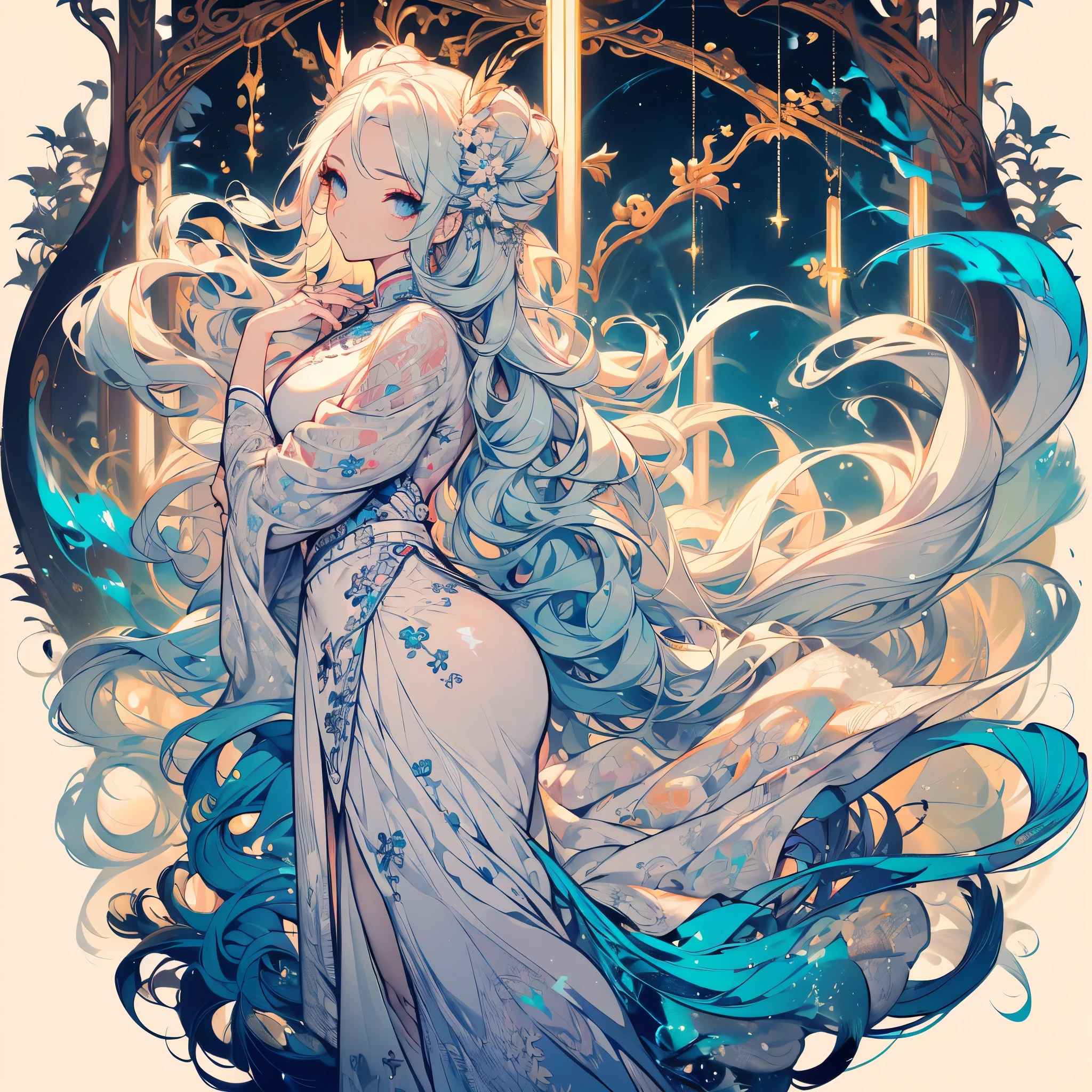 ((masterpiece, best quality)), Delicate face,Snake Woman,Full body painting,Perfect body proportions,Long legs,((Long wavy hair)), ((Half of her hair is white,The other half is cyan,Available in two colors)),beautiful eyes,Fantasy style,White background,transparent,cheongsam,Lace,