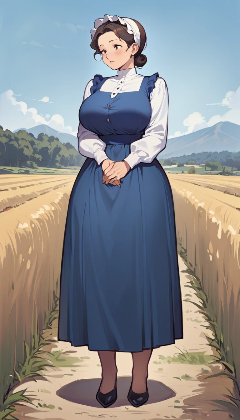 1woman, mature, adult amish woman, 40 years old, pale skin, long sleeved blue dress, she wears small black apron over her blue dress, full body shown, very short brown hair in a conservative style, updo hairstyle, white bonnet kapp that covers a majority of her head and hair, no excess hair at the back of her head, wide hips, thick thighs, wearing small simple black flats, thick legs, slightly below the knee dress, slight face wrinkles, tight sleeves, standing upright in a farm field, no makeup, hands on lap, side view, aged face, busty, rosy cheeks, slim waist