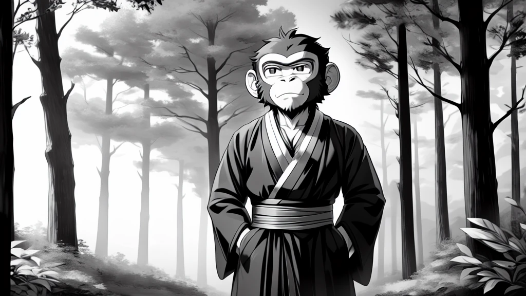 ((Masterpiece, high quality, best graphics, high definition, high definition, 4k)), old photo, vintage photo, 1 Monkey boy, (Solo), (((monkey ears, monkey tail))), ((upper body)), Wooden Katana in right hand, old samurai suit, old samurai pants, (ribbon on waist), wooden sandals, looking away, standing, (((monochrome, grayscale, pencil style, old movie style, noise, VHS movie, anime style))), (forest background, trees, tree shadow, grass, (((Saru to kani no Gassen anime 1917 style))).