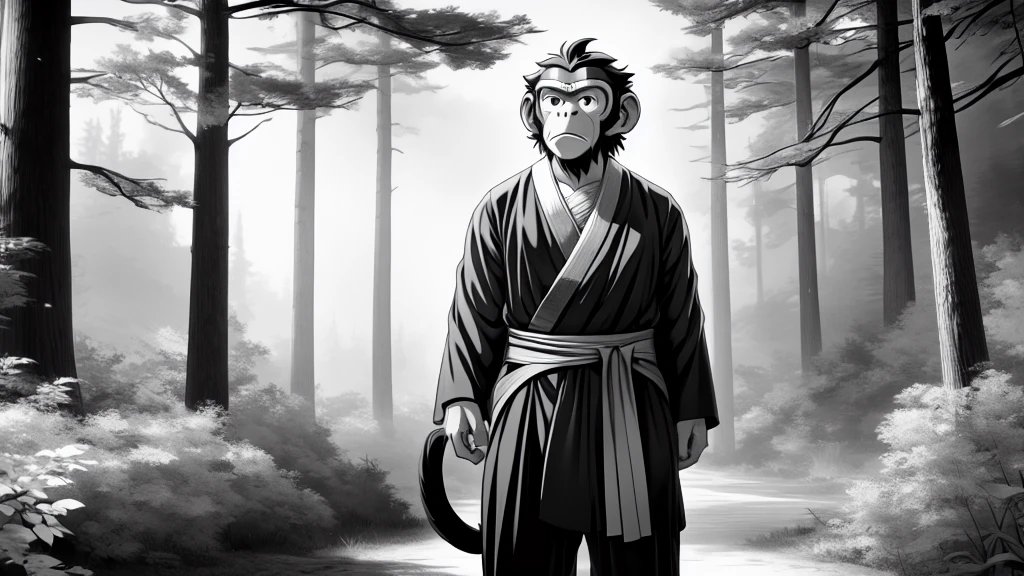 ((Masterpiece, high quality, best graphics, high definition, high definition, 4k)), old photo, vintage photo, 1 Monkey boy, (Solo), (((monkey ears, monkey tail))), ((upper body)), Wooden Katana in right hand, old samurai suit, old samurai pants, (ribbon on waist), wooden sandals, looking away, standing, (((monochrome, grayscale, pencil style, old movie style, noise, VHS movie, anime style))), (forest background, trees, tree shadow, grass, (((Saru to kani no Gassen anime 1917 style))).