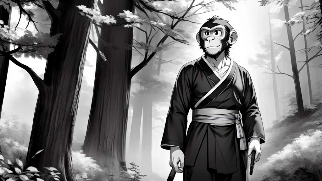 ((Masterpiece, high quality, best graphics, high definition, high definition, 4k)), old photo, vintage photo, 1 Monkey boy, (Solo), (((monkey ears, monkey tail))), ((upper body)), Wooden Katana in right hand, old samurai suit, old samurai pants, (ribbon on waist), wooden sandals, looking away, standing, (((monochrome, grayscale, pencil style, old movie style, noise, VHS movie, anime style))), (forest background, trees, tree shadow, grass, (((Saru to kani no Gassen anime 1917 style))).